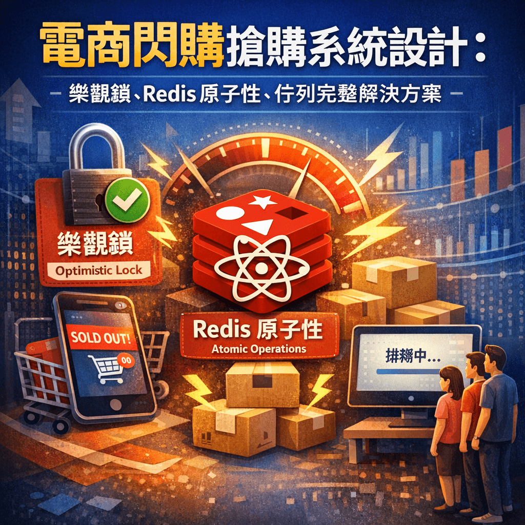 電商閃購搶購系統設計：樂觀鎖、悲觀鎖、Redis 原子性、佇列完整解決方案