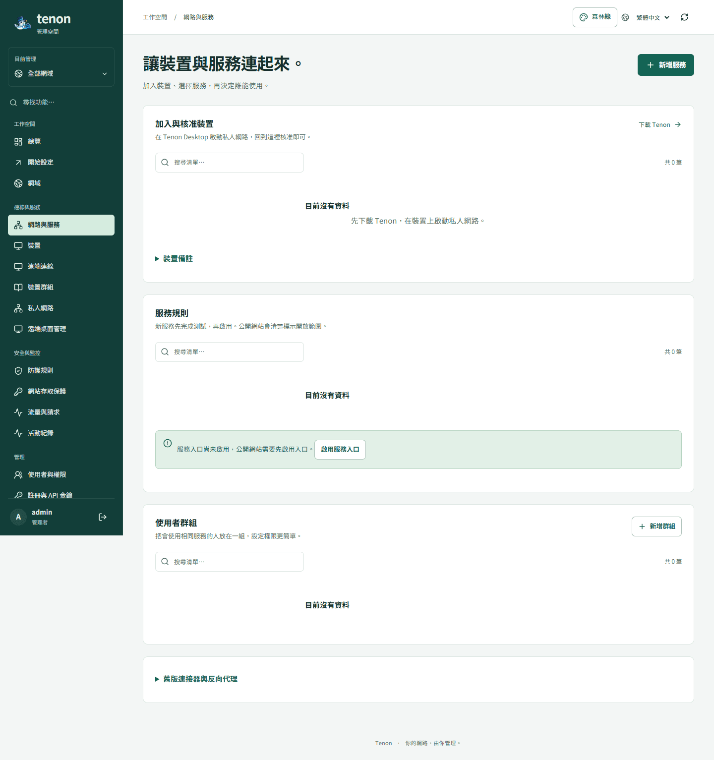 網路與服務:集中管理裝置核准、服務規則與使用者群組,並保留舊版連接器與反向代理入口。以下新版後台畫面皆來自本機隔離環境。