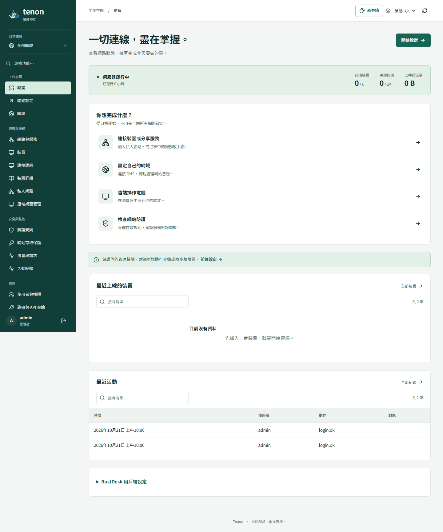 Tenon 新版管理總覽:伺服器狀態、設定入口、最近裝置與活動集中呈現。2026-10-21 於本機隔離環境擷取,採繁體中文與森林綠主題。