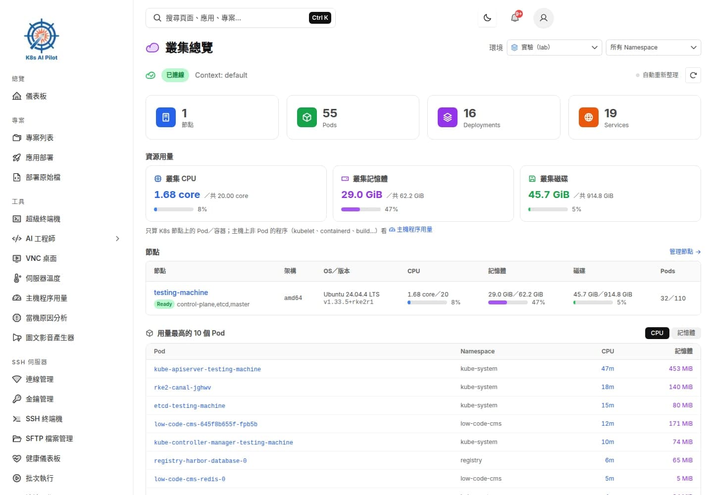 叢集總覽:節點、CPU/記憶體/磁碟用量,以及用量最高的 Pod。