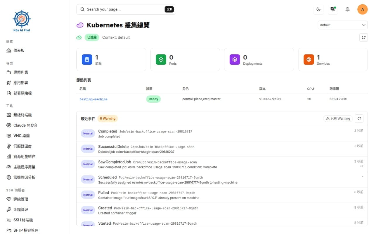 V-Terminal 的 Kubernetes 叢集總覽,顯示節點、資源數量與最近事件