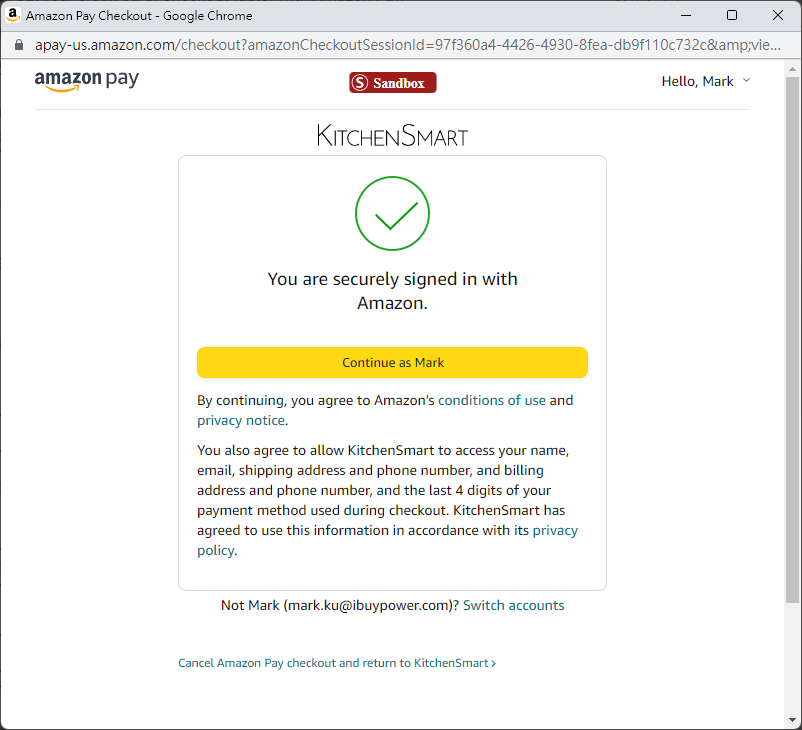 Amazon Pay登入成功頁面顯示「Continue as Mark」按鈕