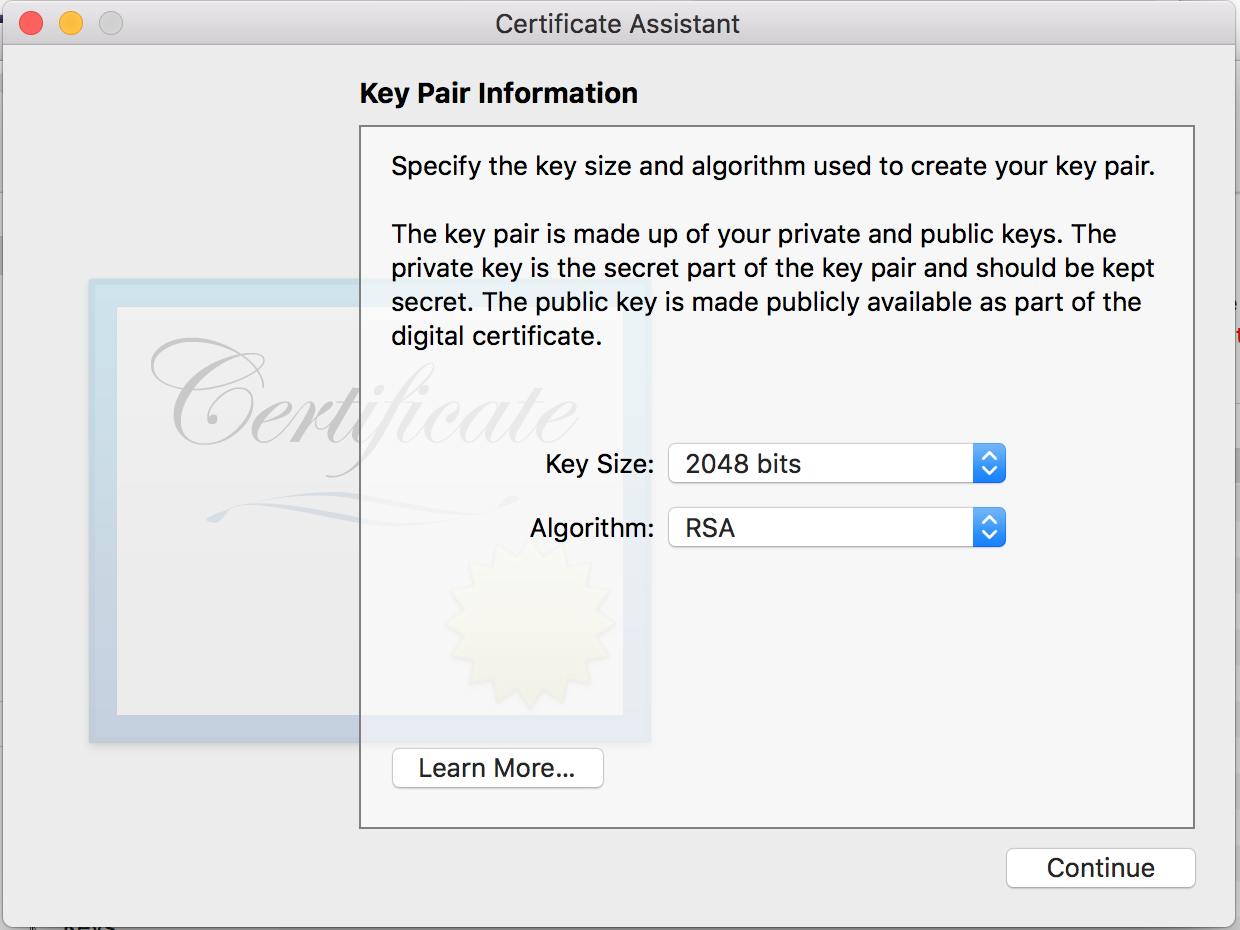 macOS 憑證助理視窗，設定金鑰大小與RSA演算法