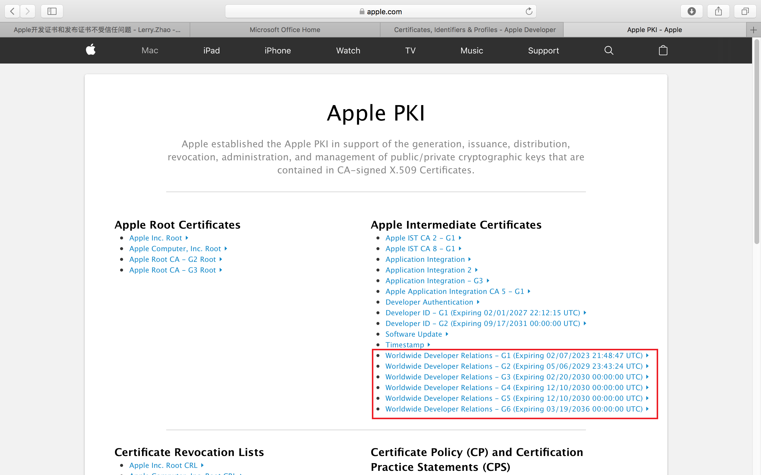 Apple PKI網站紅框標示的開發者憑證