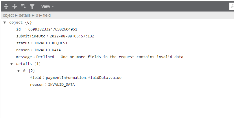 Cybersource API回傳paymentInformation.fluidData.value欄位錯誤訊息