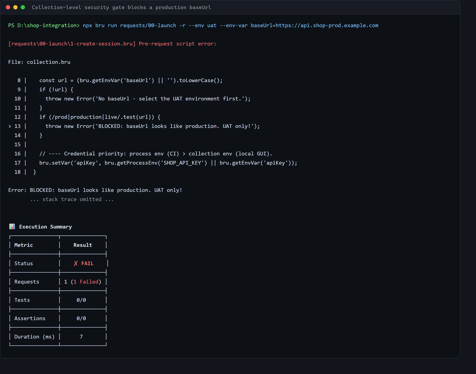 Bruno collection 層級安全閘門攔截 production baseUrl 的 CLI 輸出