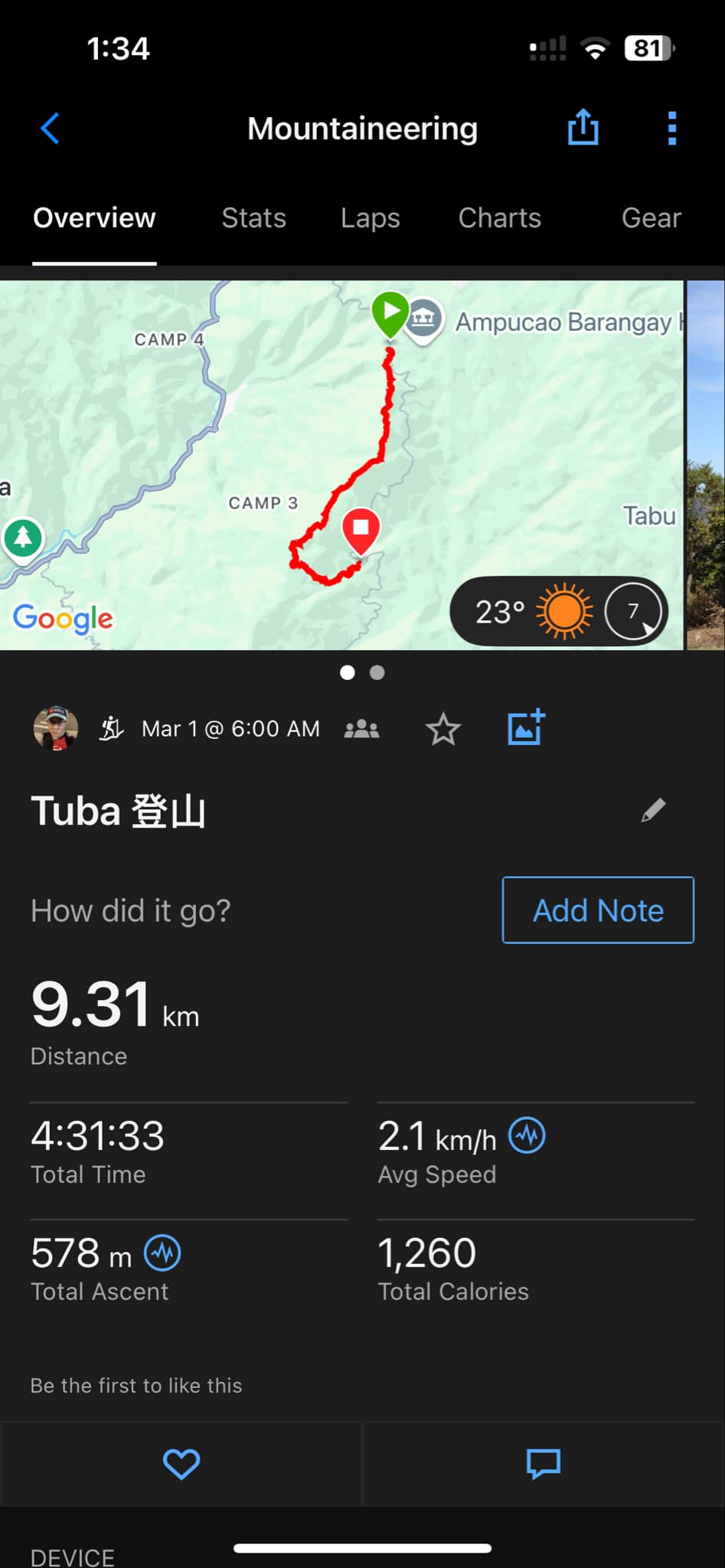 登山應用程式介面顯示9.31公里路線與數據