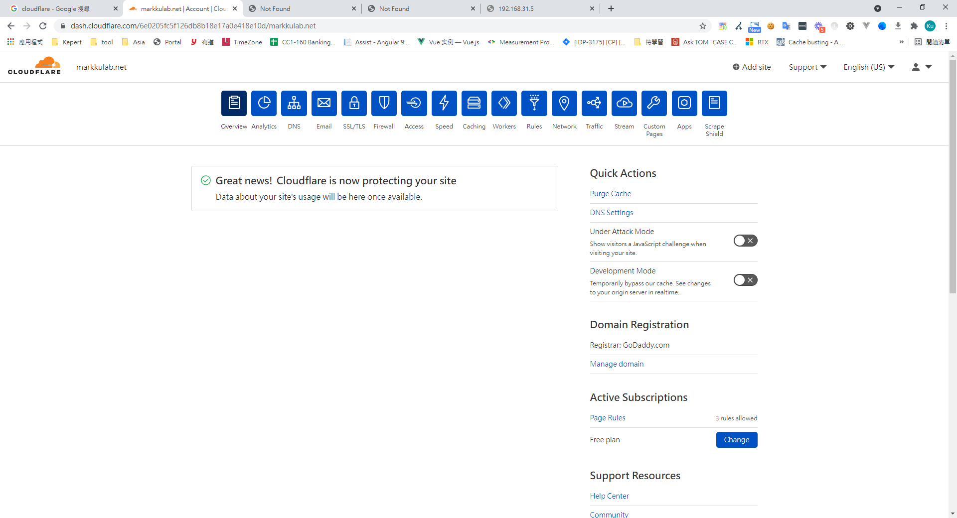 Cloudflare 網站設定完成並顯示保護中