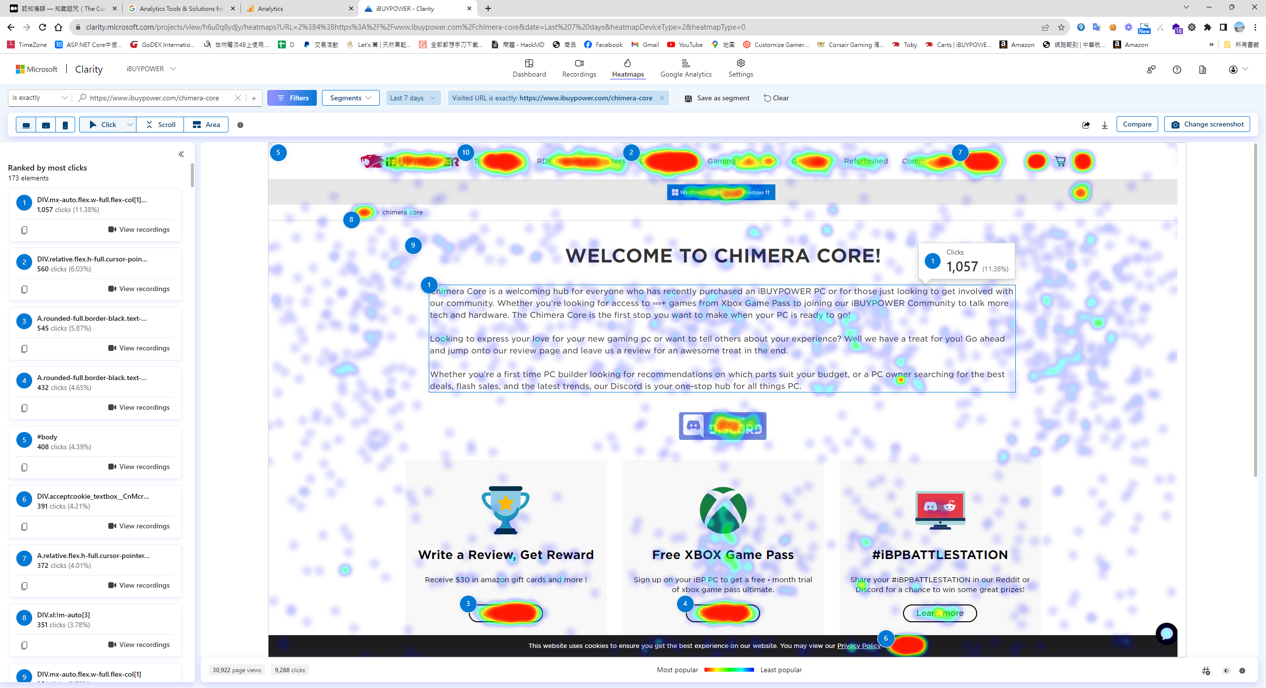 Microsoft Clarity網頁點擊熱圖，顯示iBUYPOWER頁面使用者行為