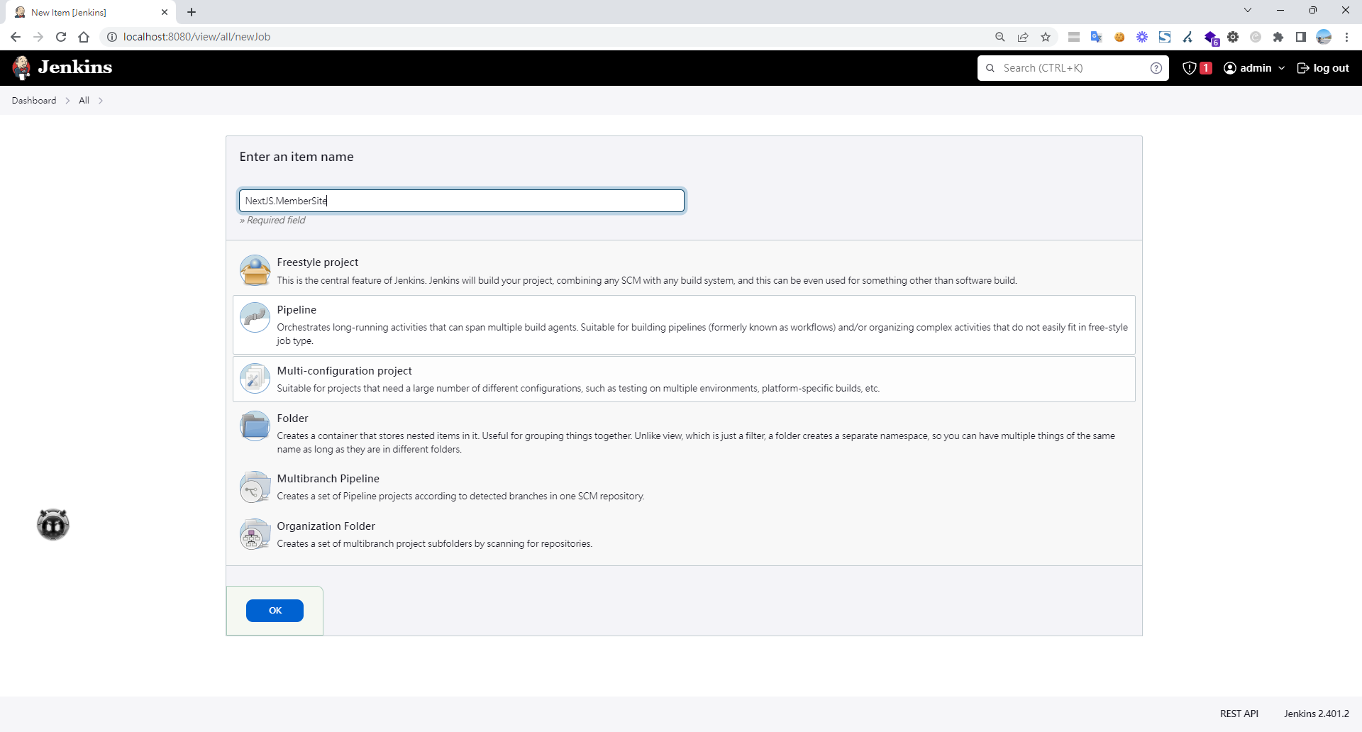 Jenkins建立新工作介面，輸入NextJS.MemberSite專案名稱