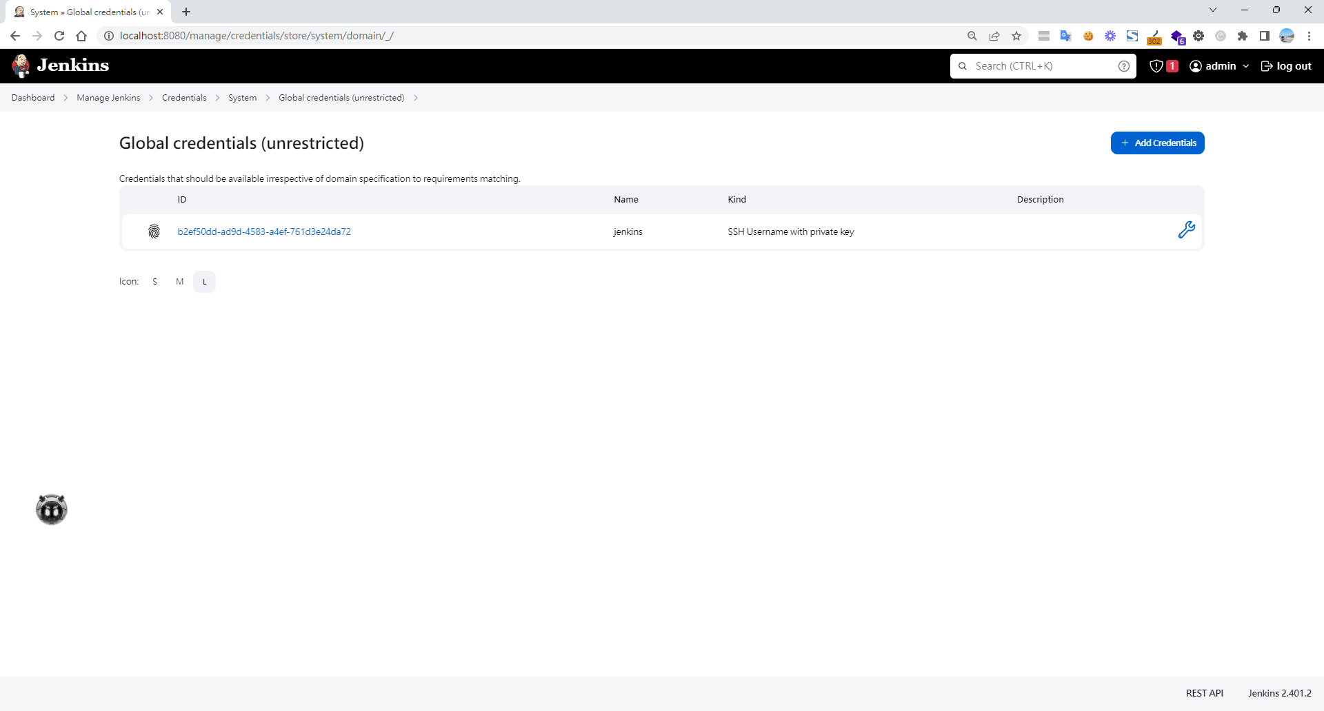 Jenkins 全域憑證頁面顯示 SSH 私鑰