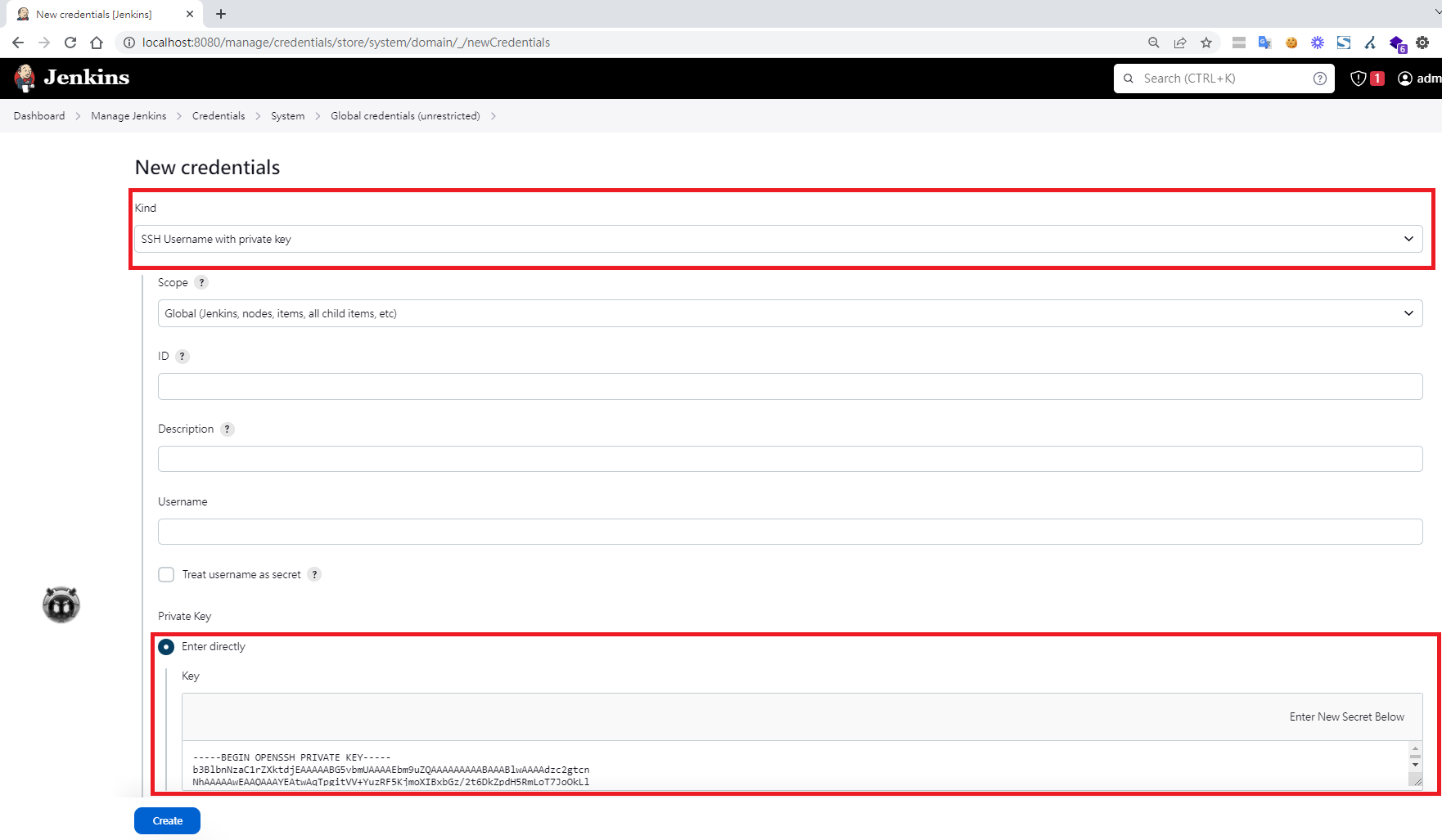 Jenkins新增SSH私鑰憑證設定畫面