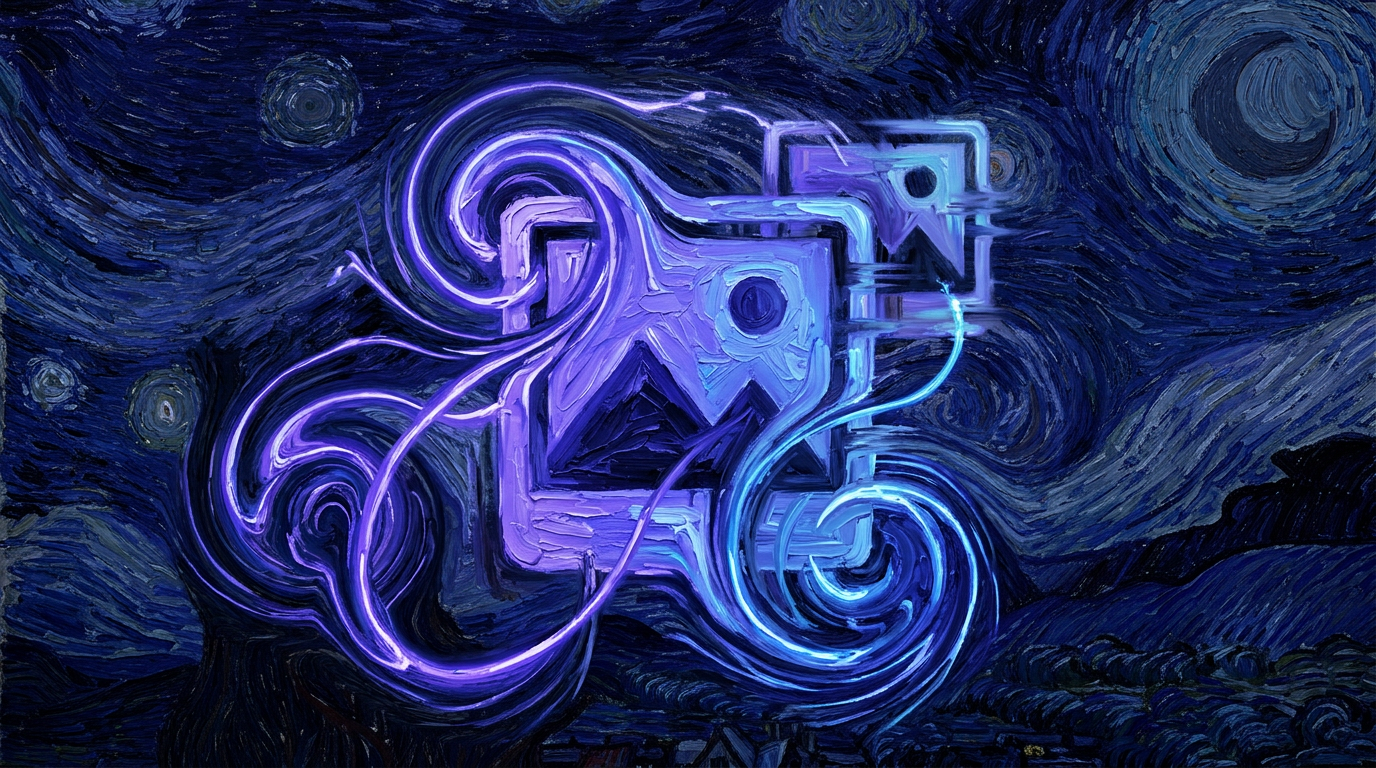 梵谷星夜背景上，藍紫色發光圖片處理圖示