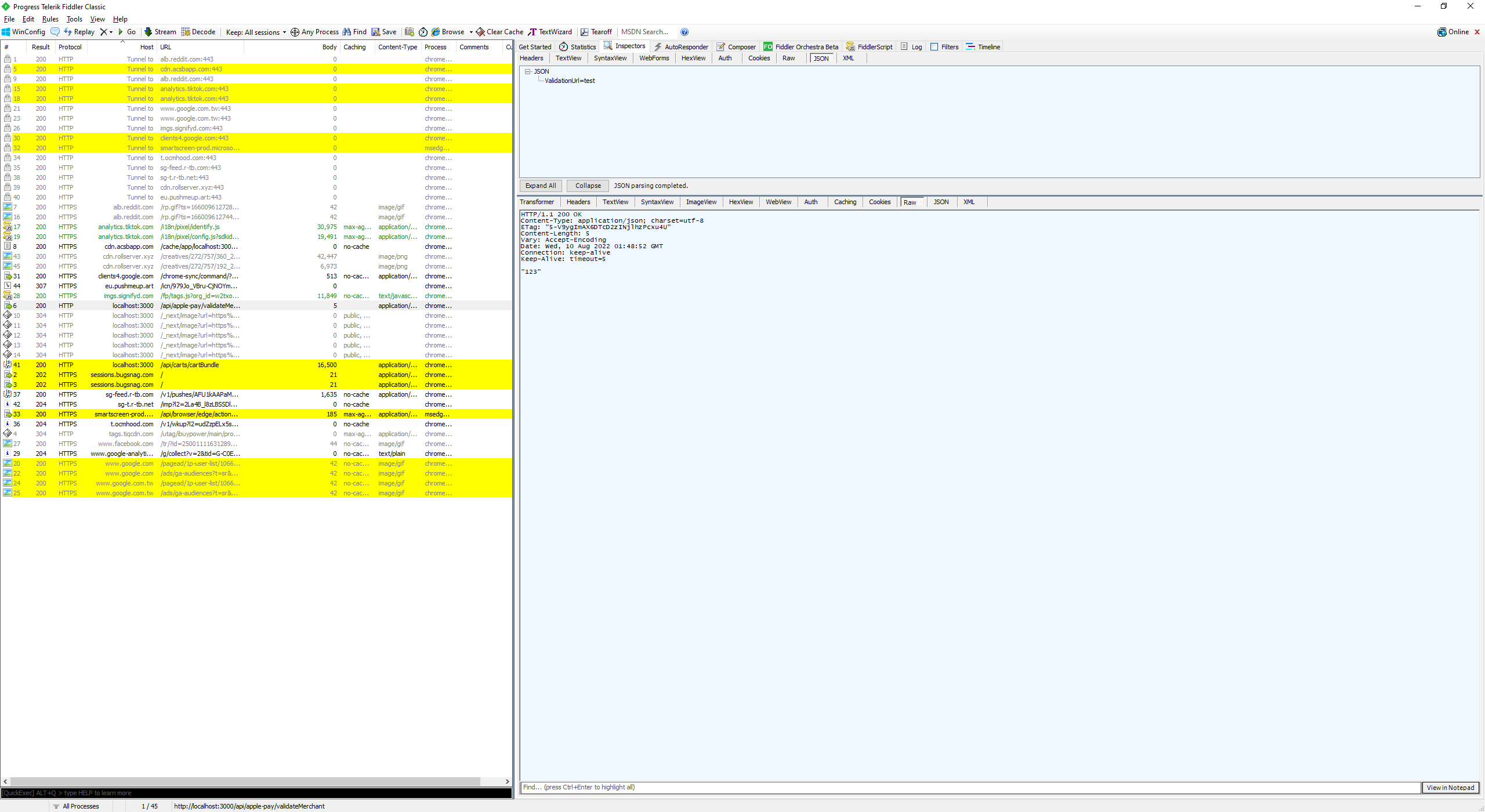 Fiddler Classic介面顯示網路封包列表與API JSON資料