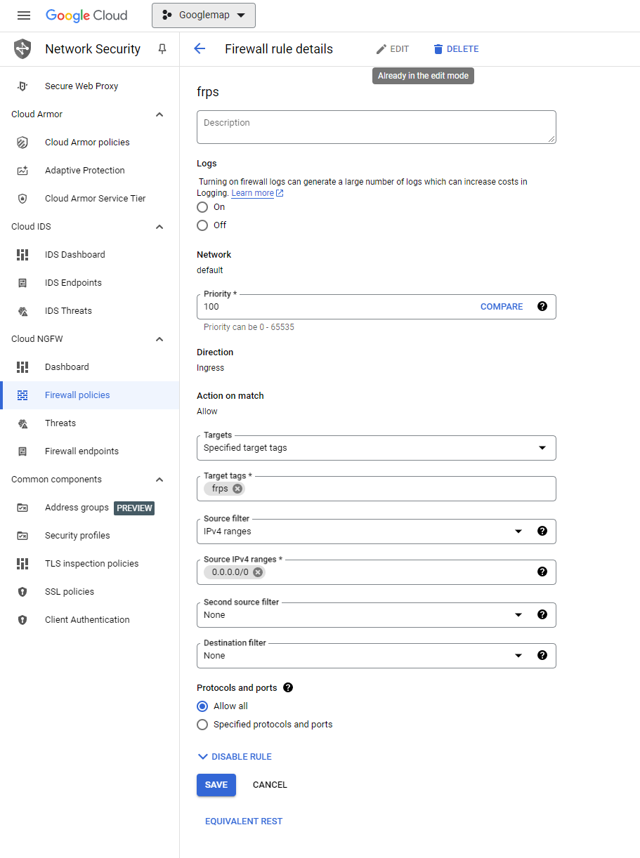 Google Cloud防火牆規則frps設定，允許所有來源與埠