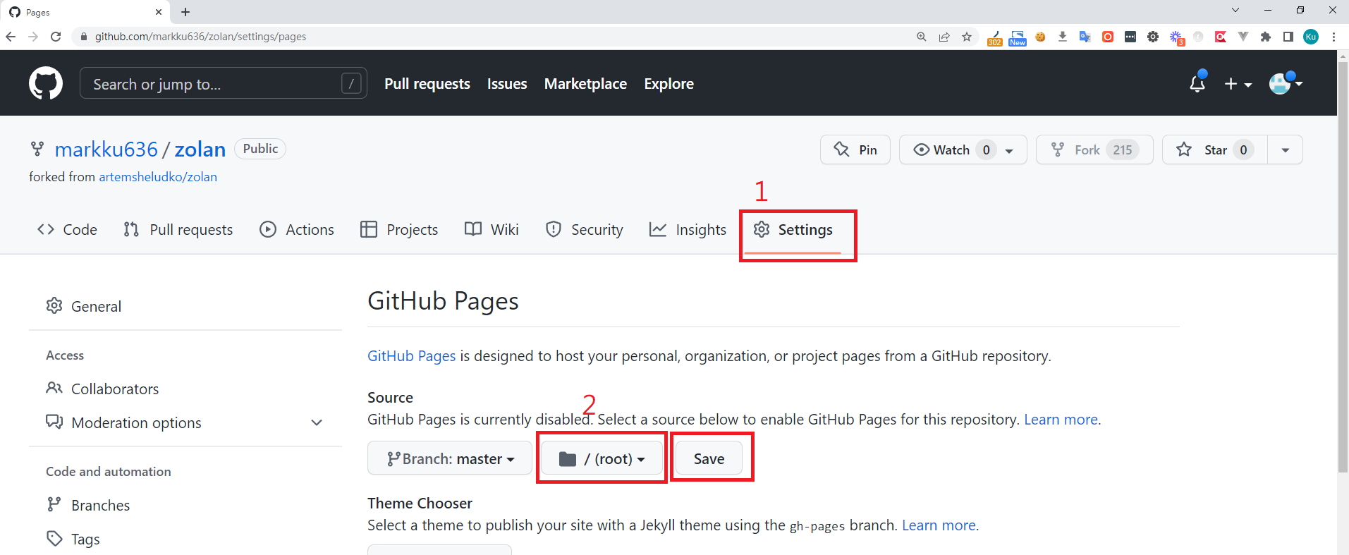 GitHub Pages設定頁面，選擇根目錄並儲存