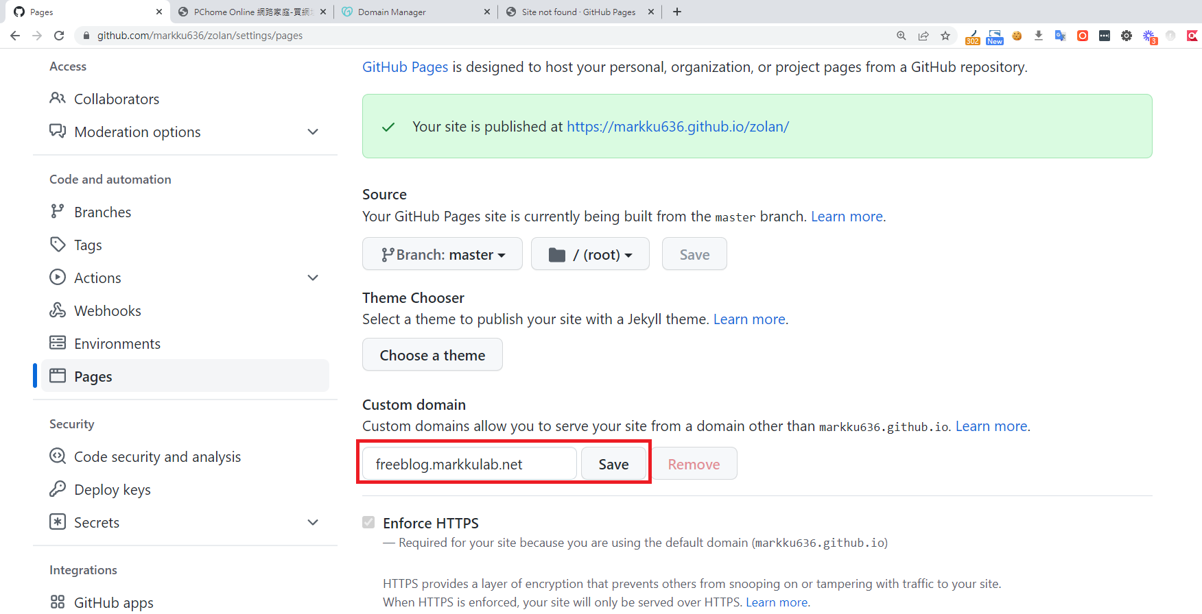 GitHub Pages設定頁面，客製域名輸入框與儲存按鈕