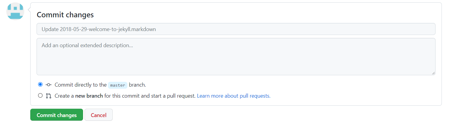 GitHub 提交文章變更的 Commit changes 介面