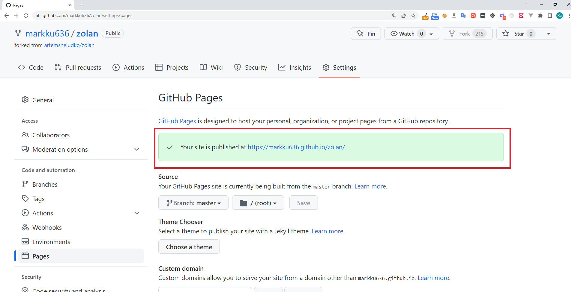 GitHub Pages 網站發佈成功畫面