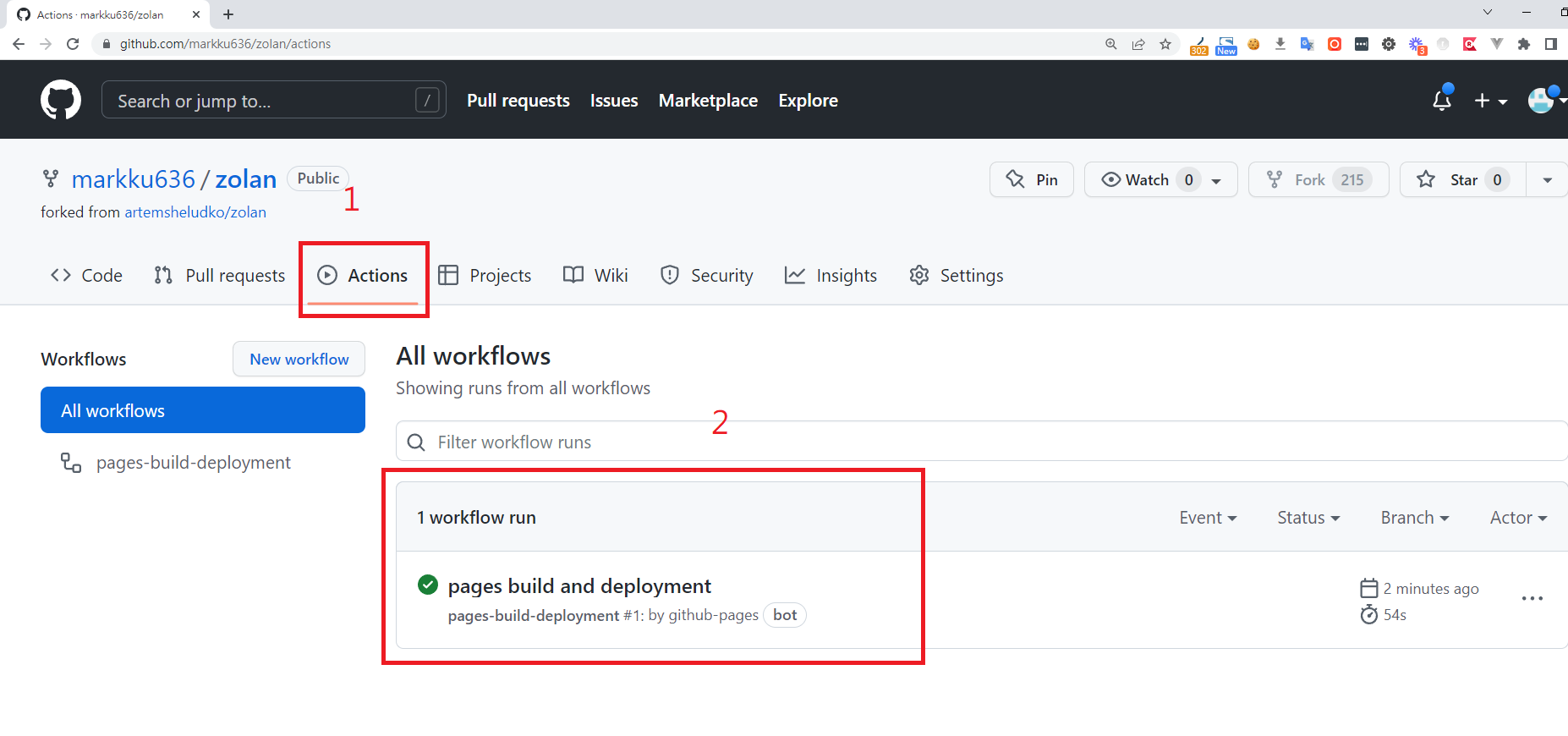 GitHub Actions 頁面顯示部署成功