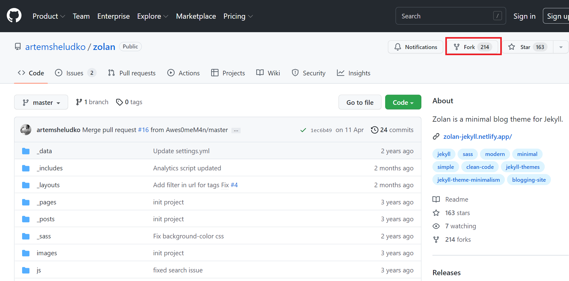 GitHub Zolan專案頁面，Fork按鈕被紅框標示