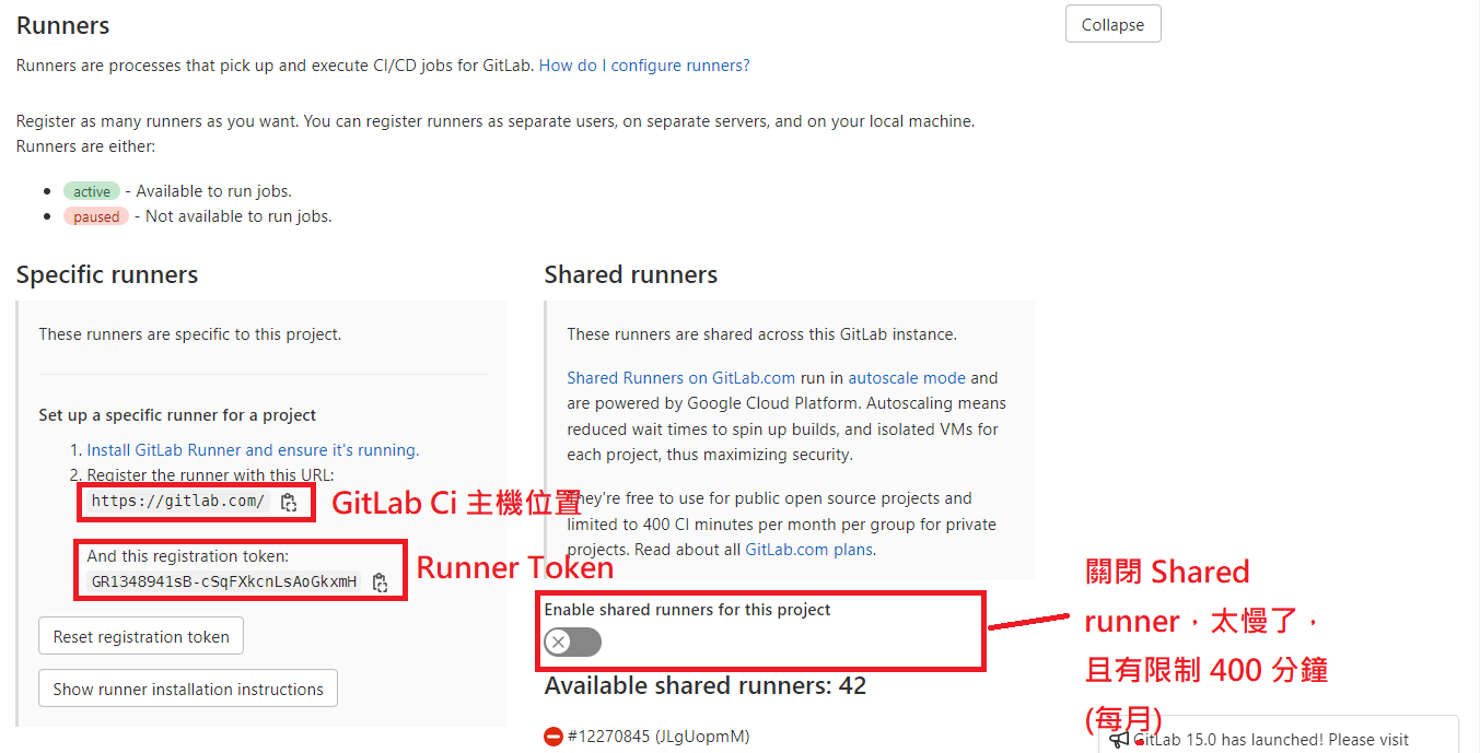 GitLab Runner 設定介面顯示 CI URL 與