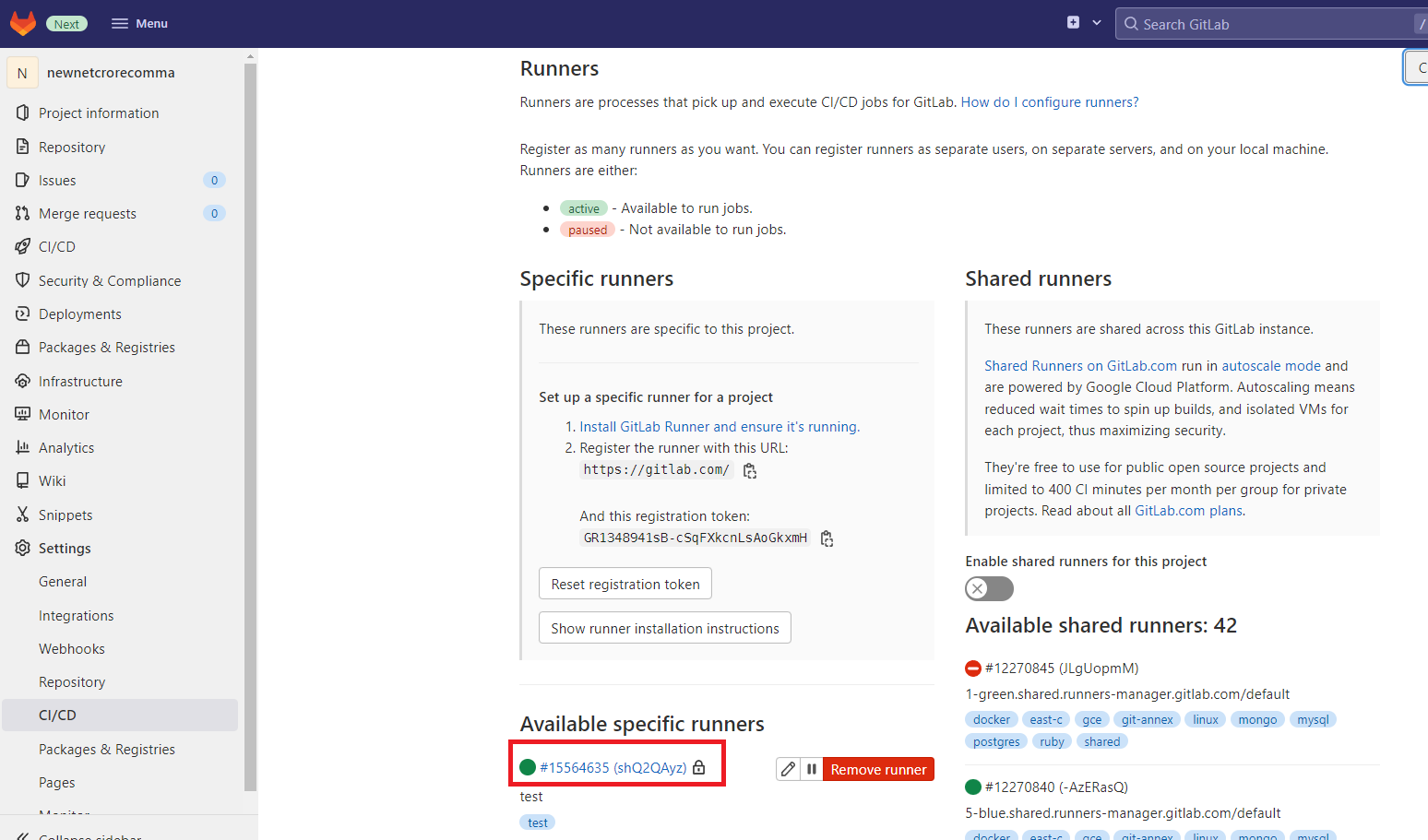 GitLab 後台 CI/CD Runner 列表顯示已啟動的