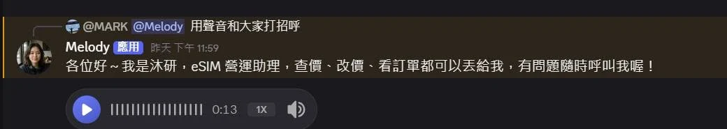 Melody 用語音跟大家自我介紹:eSIM 營運助理,查價、改價、看訂單都可以丟給我