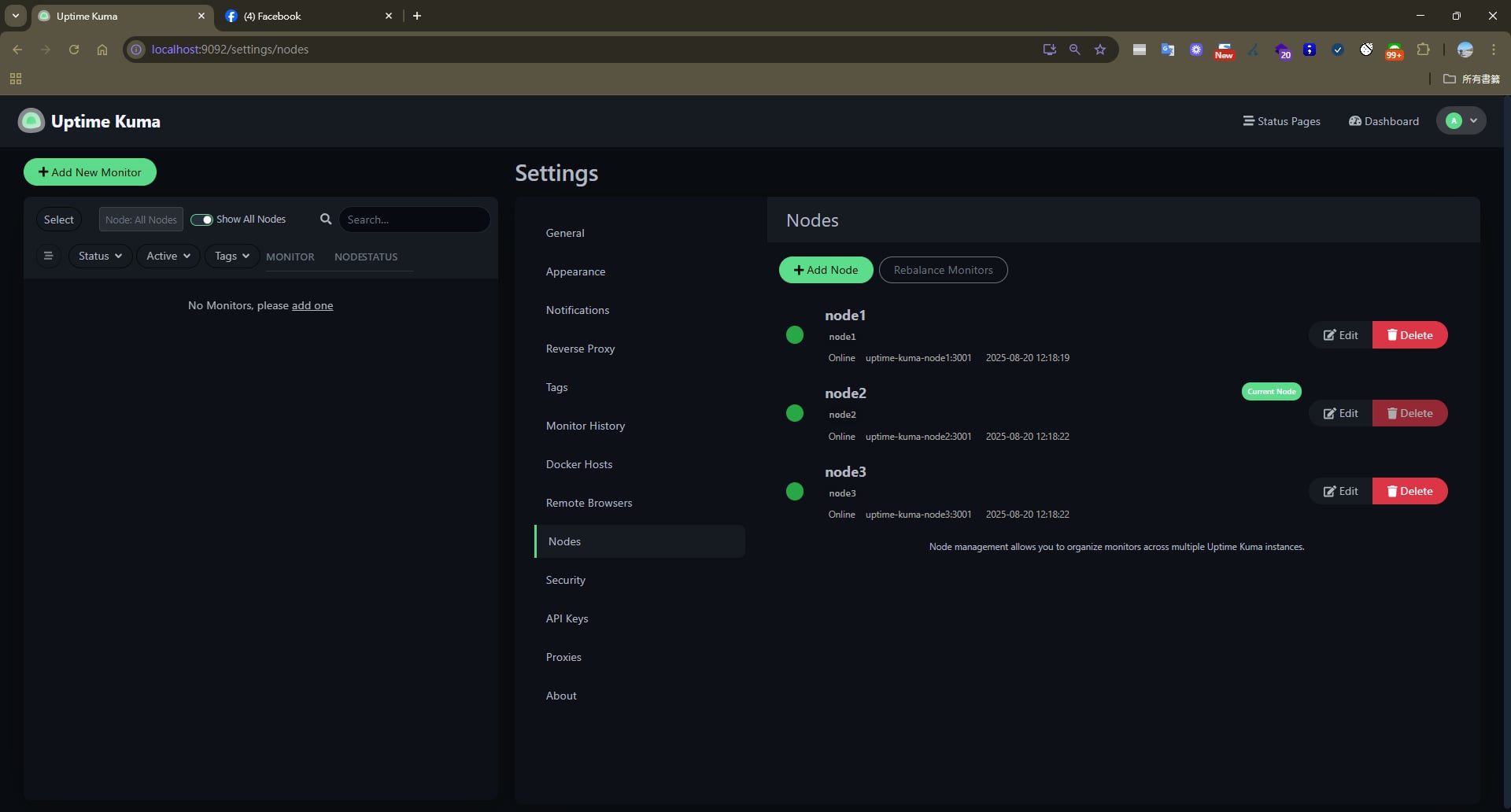 Uptime Kuma 節點設定介面顯示三個線上節點