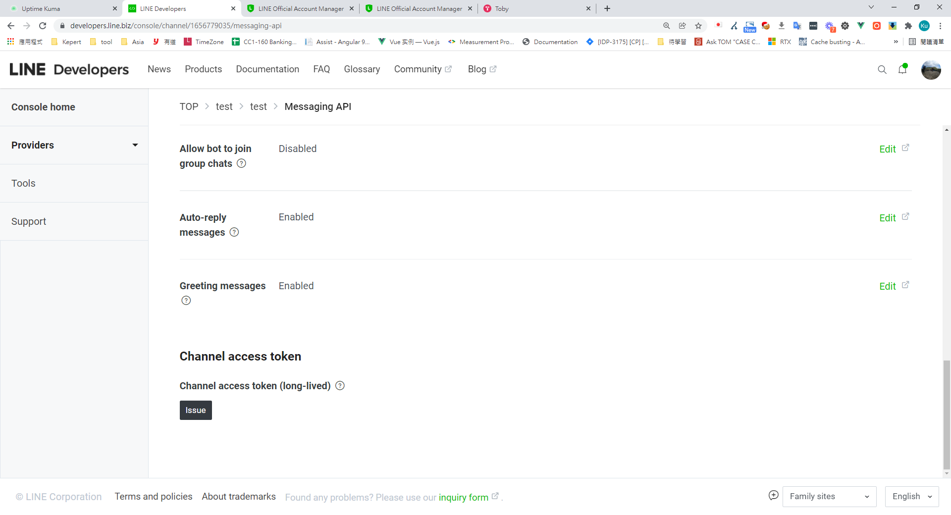 LINE Developers Messaging API頁面發行Token按鈕