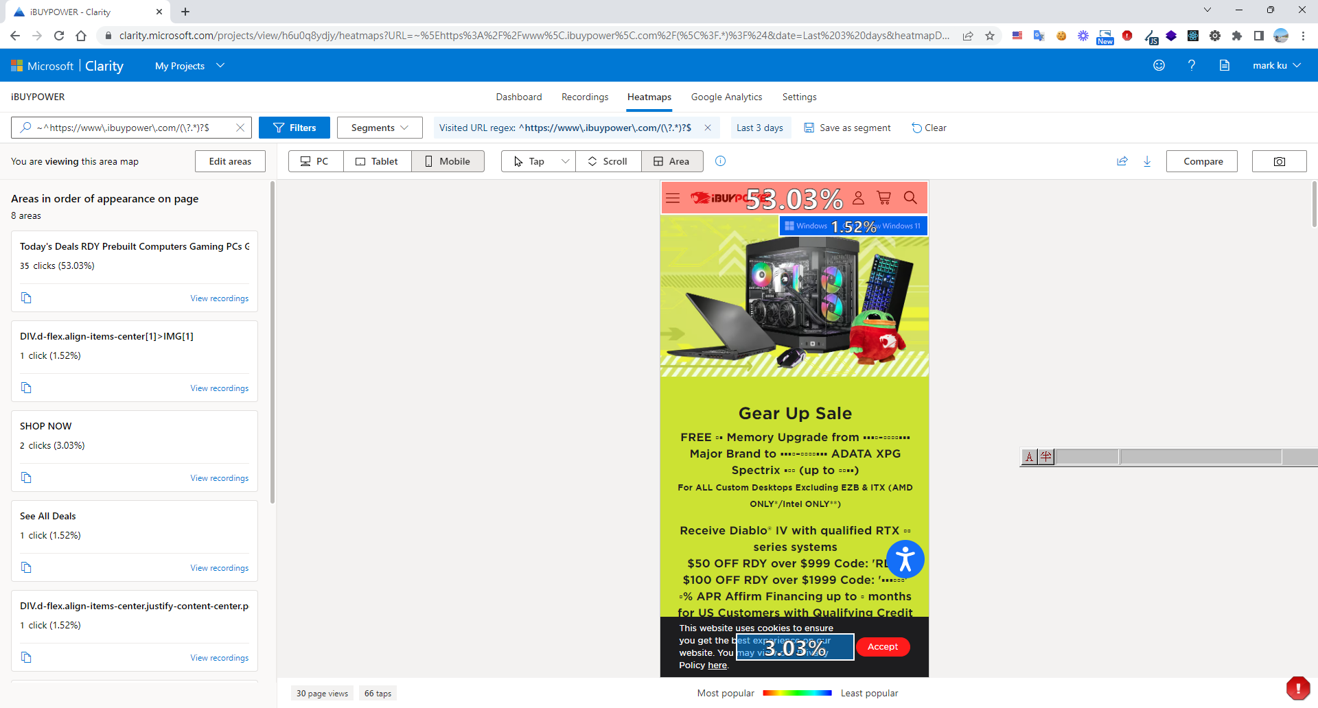 Microsoft Clarity 顯示 ibuypower.com 手機版熱圖與點擊區塊