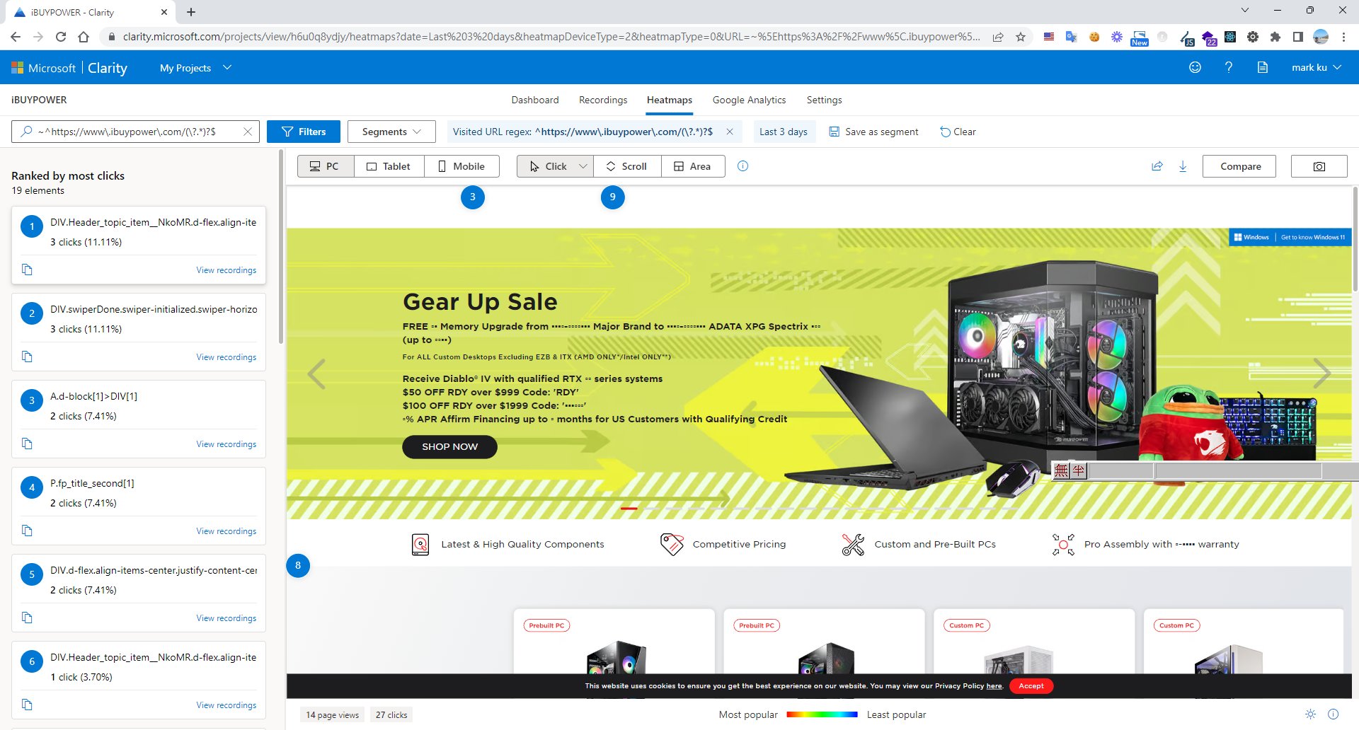 Microsoft Clarity熱圖介面顯示網站點擊分析