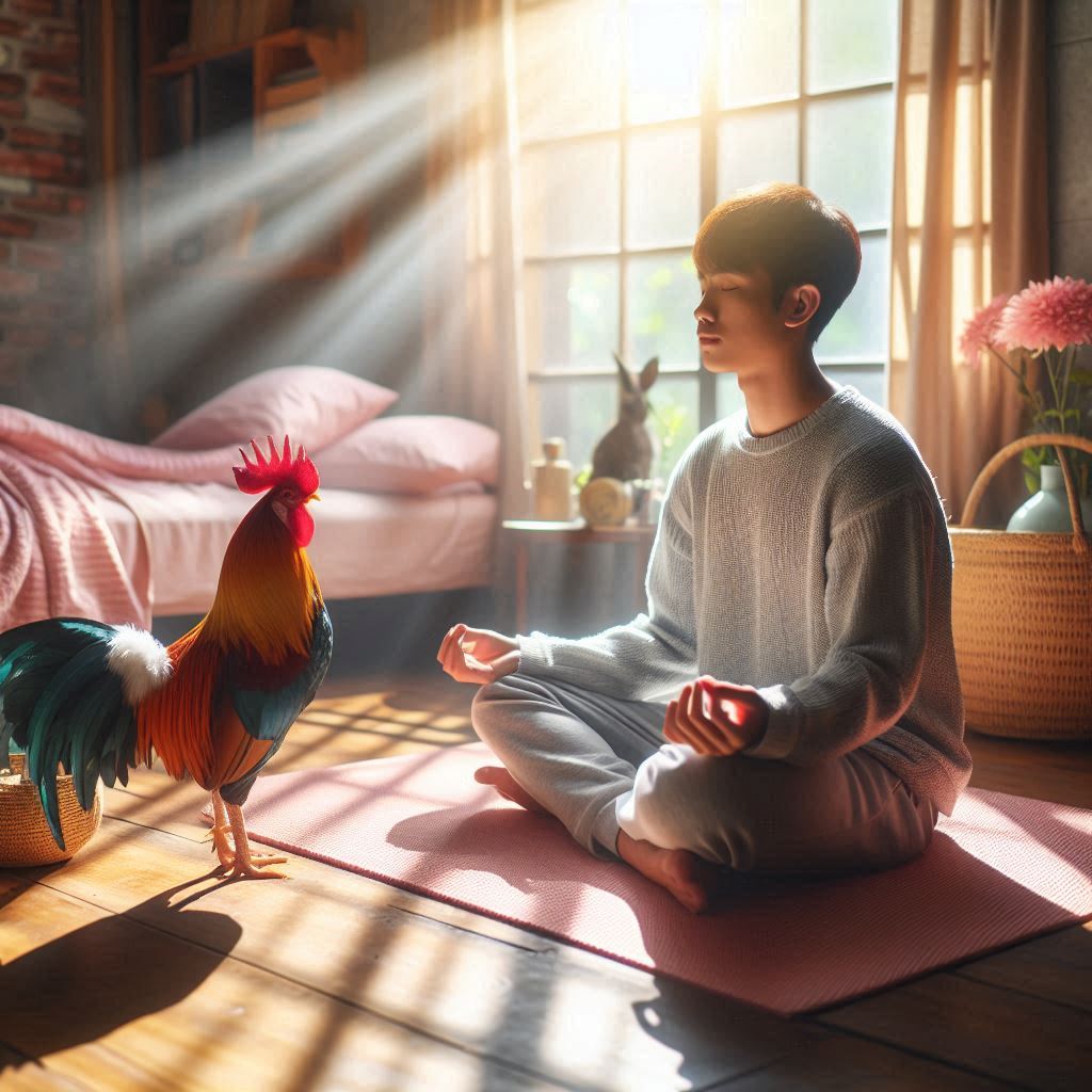 男子在瑜伽墊冥想,公雞站在他面前