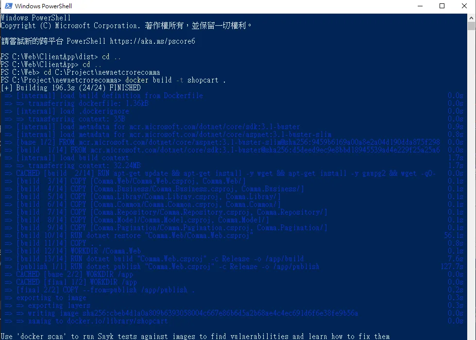 PowerShell 執行 Docker build 建立 shopcart 映像檔