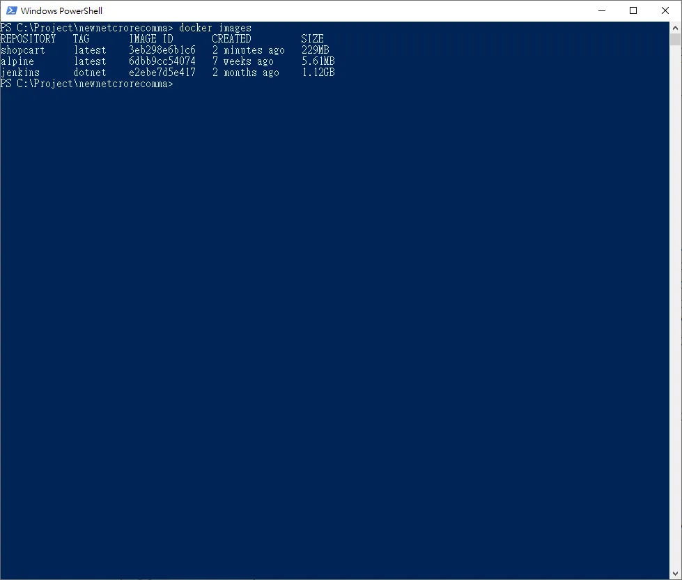 PowerShell 執行 docker images 結果