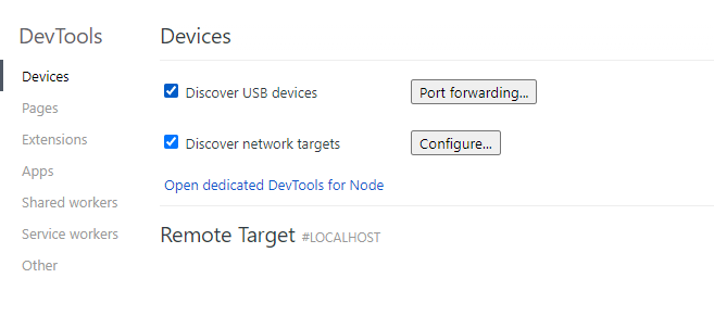 Chrome DevTools Devices 頁面,顯示遠端偵錯設定