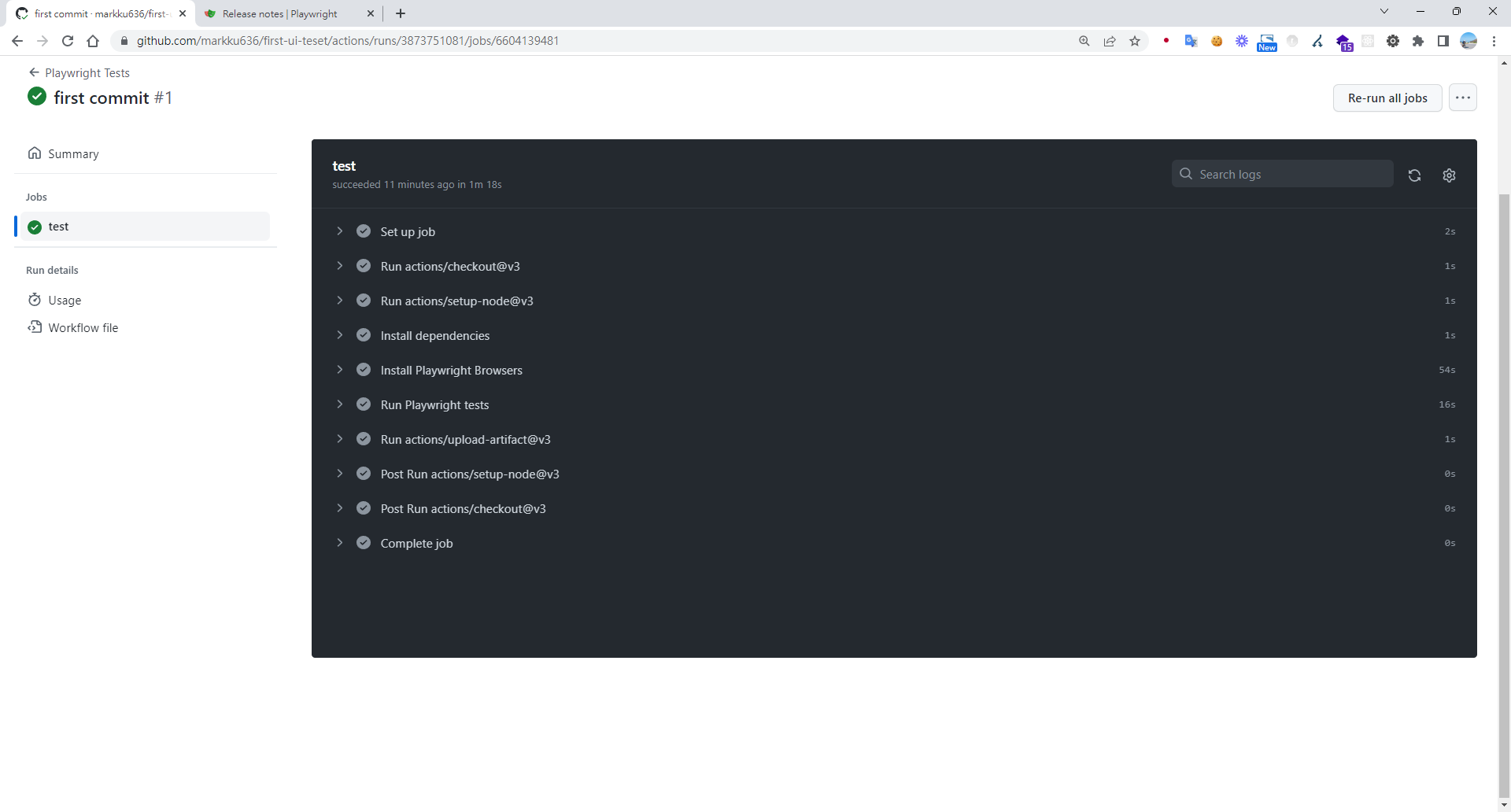 GitHub Actions Playwright 測試成功執行步驟列表