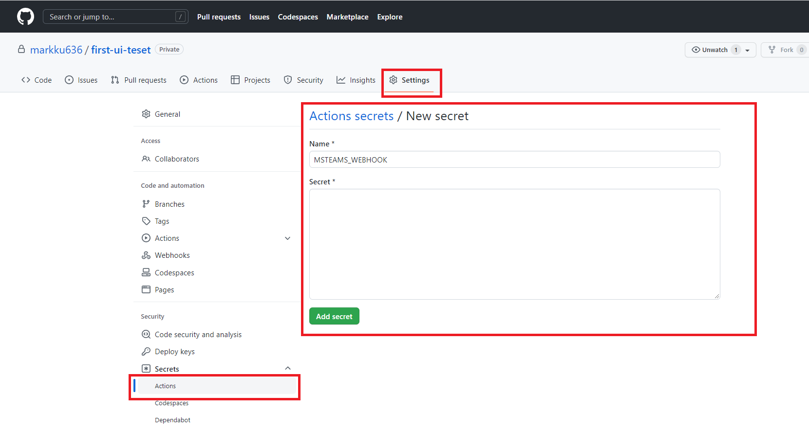 GitHub設定頁面建立Actions密鑰MSTEAMS