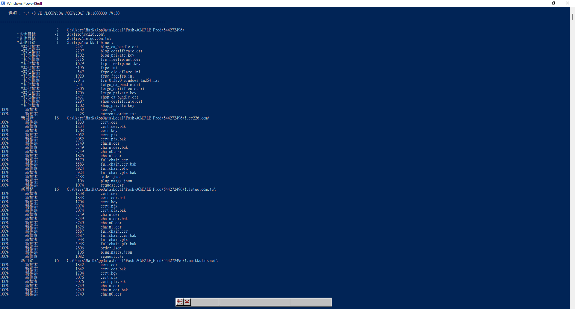 PowerShell視窗顯示Let's Encrypt憑證檔案列表
