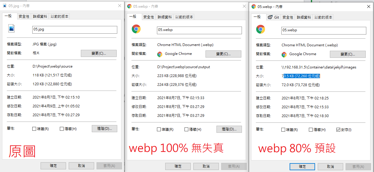 JPG轉WebP無失真與80%壓縮檔案大小比較