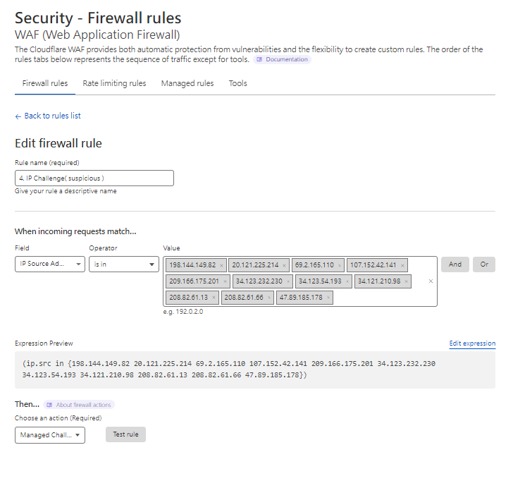 Cloudflare WAF設定IP挑戰規則介面