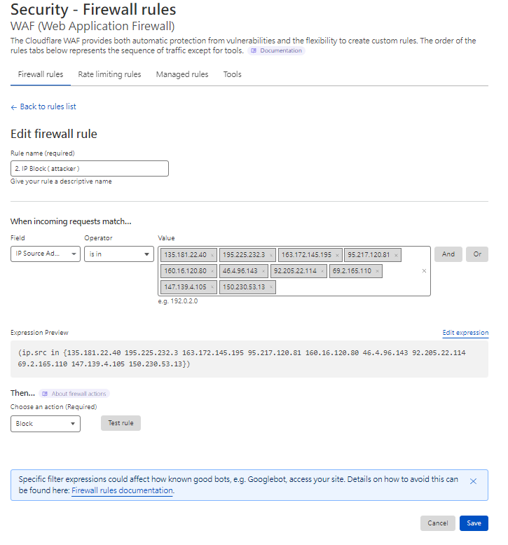 Cloudflare WAF 編輯防火牆規則設定 IP 來源封鎖