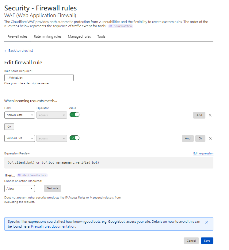 Cloudflare WAF 編輯防火牆規則，設定白名單允許已知機器人
