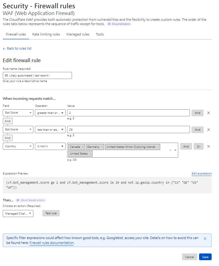 Cloudflare WAF 編輯疑似機器人挑戰規則