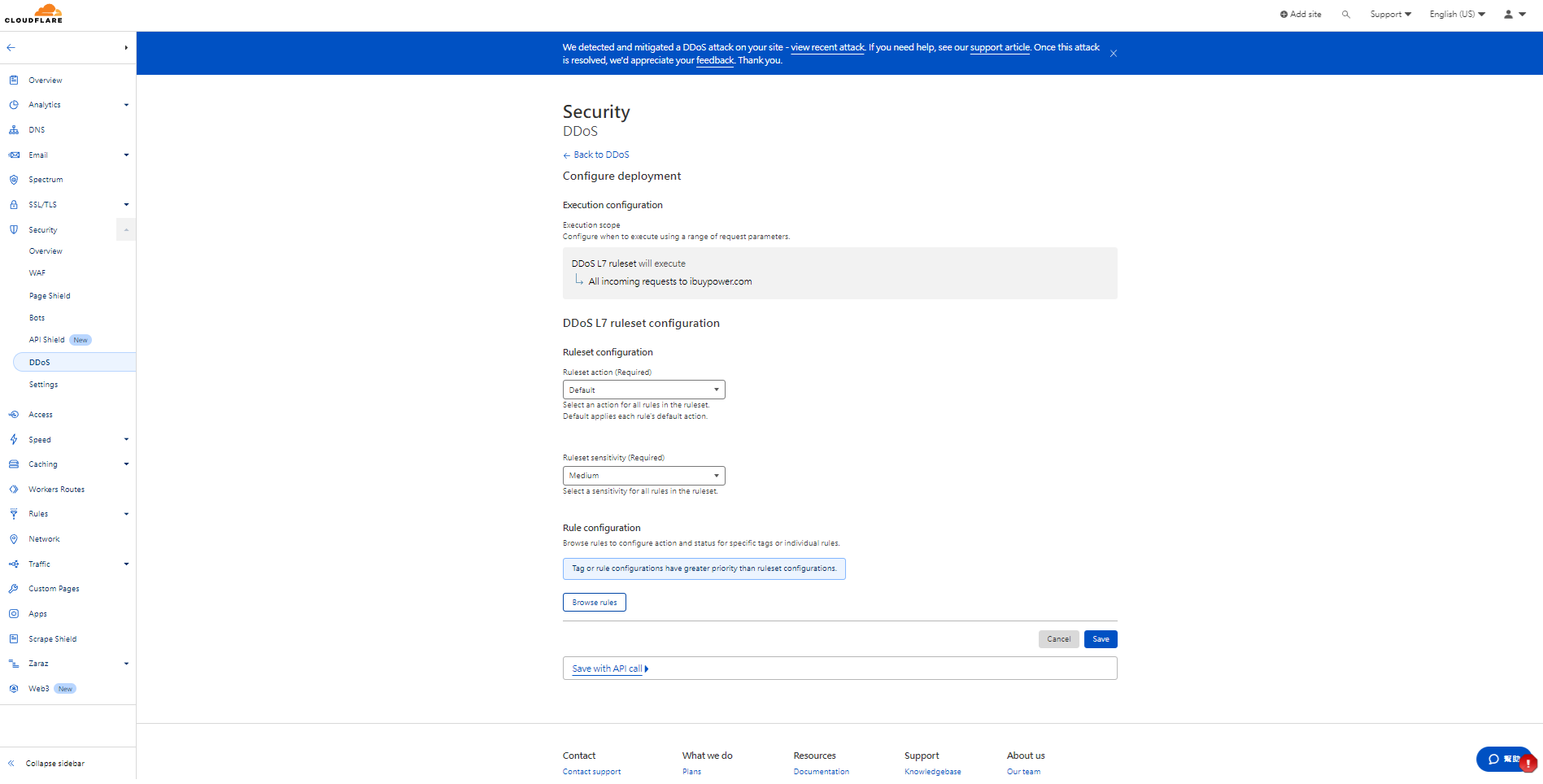 Cloudflare DDoS L7 規則集敏感度設定為中等