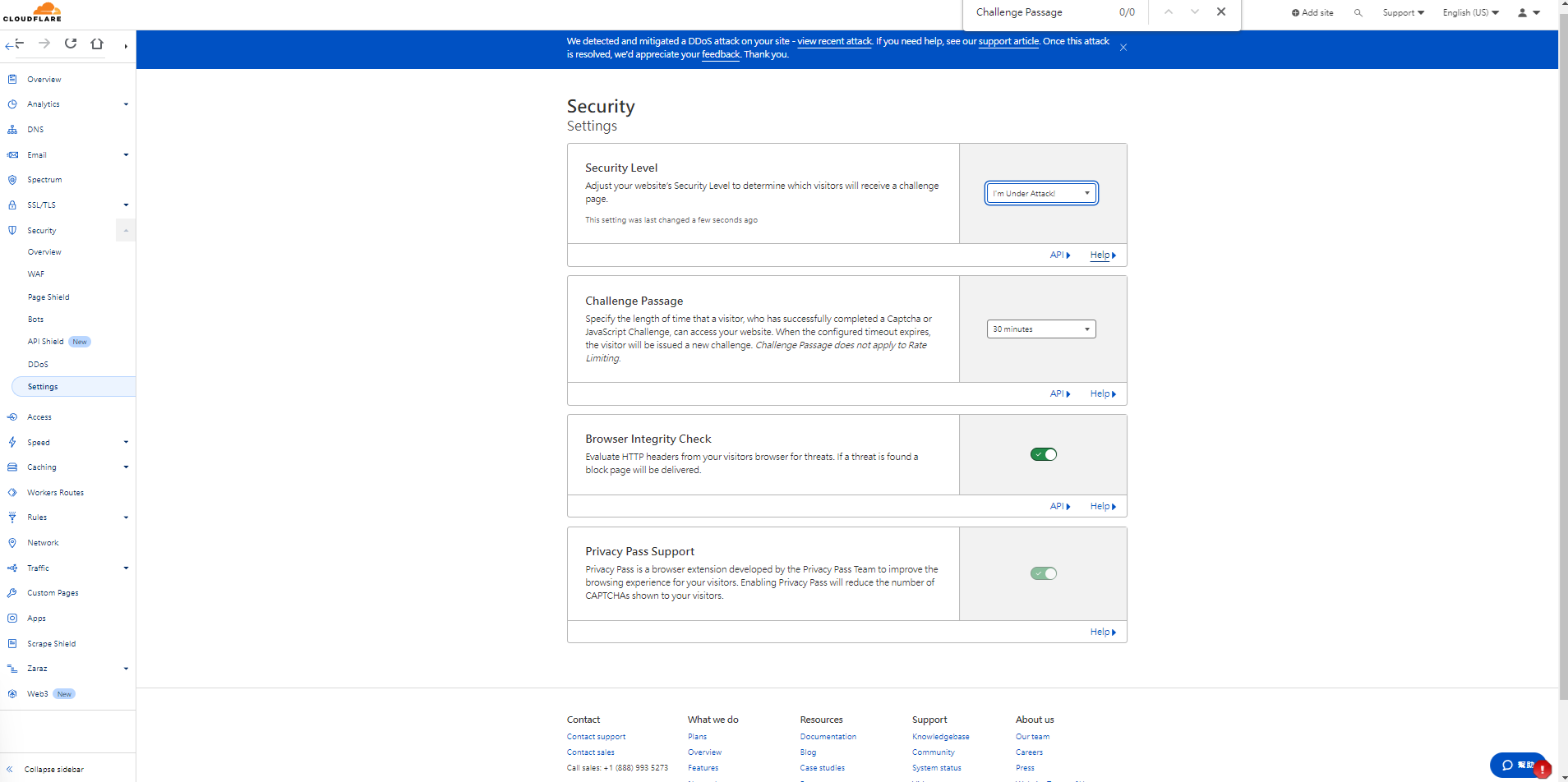 Cloudflare DDoS 設定頁面，安全等級為 I'm Under Attack!
