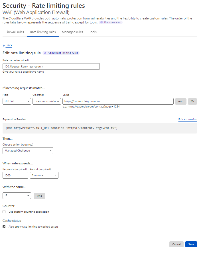Cloudflare WAF 請求頻率限制規則設定頁面
