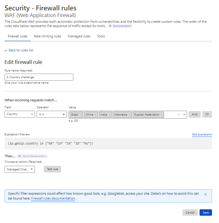 Cloudflare WAF 國家挑戰防火牆規則編輯畫面