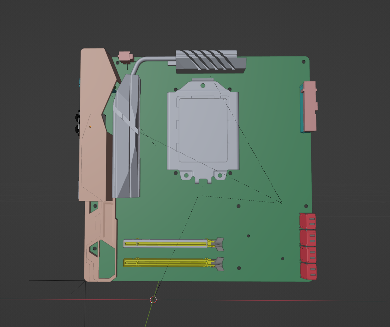 3D 渲染的綠色電腦主機板模型