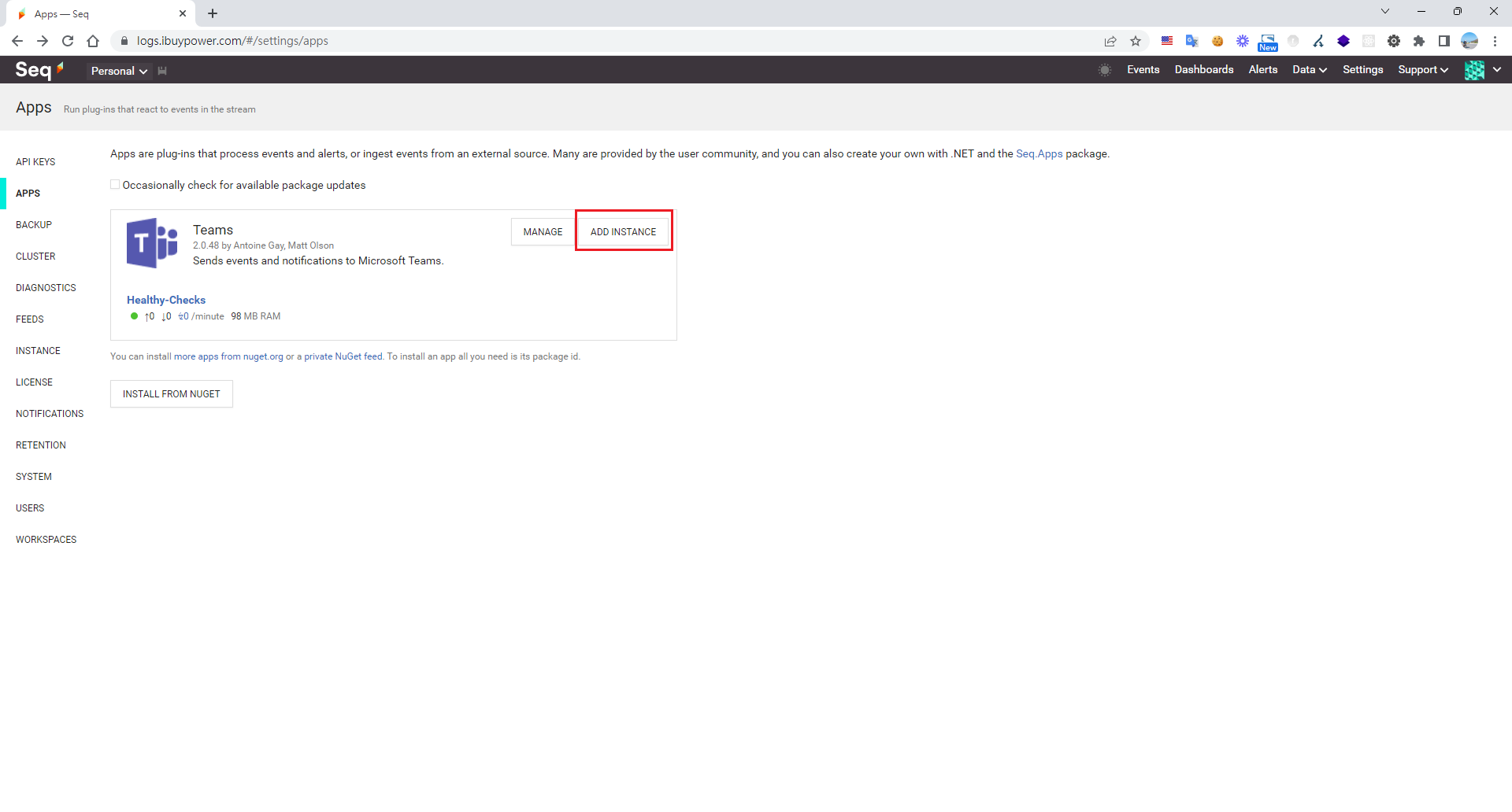 Seq 介面顯示 Teams 應用程式與 ADD INSTANCE 按鈕